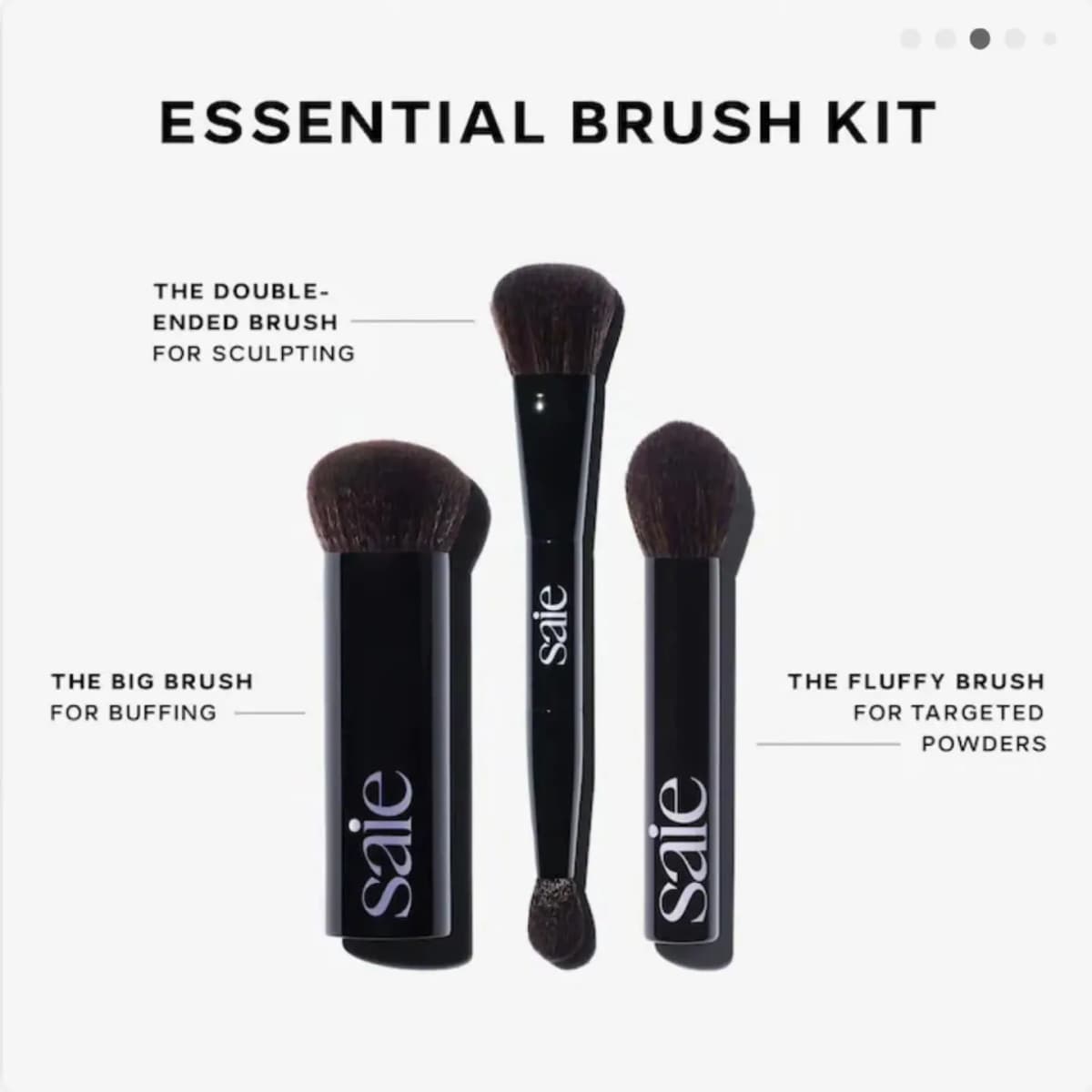 Labelled diagram of the Essential Brush Kit: big buffing, double-ended sculpting and fluffy powder brushes