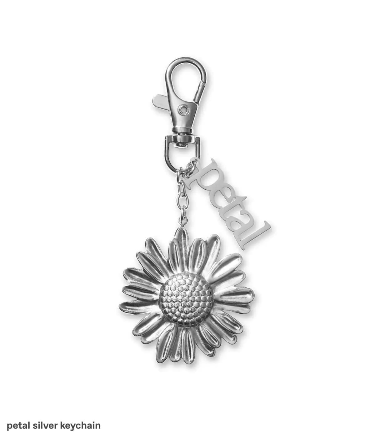Silver daisy keychain with lobster clasp and cutout petal charm on a short chain
