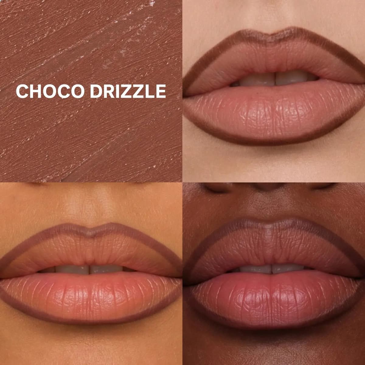 Choco Drizzle swatch and three lip models showing warm brown shade applied on light, medium and deep skin tones