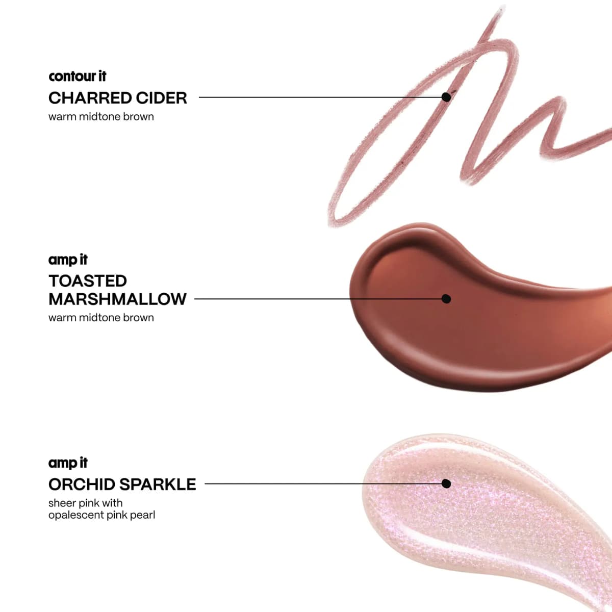 Swatches of a warm midtone brown liner, creamy brown gloss and sheer pink gloss with pink pearl