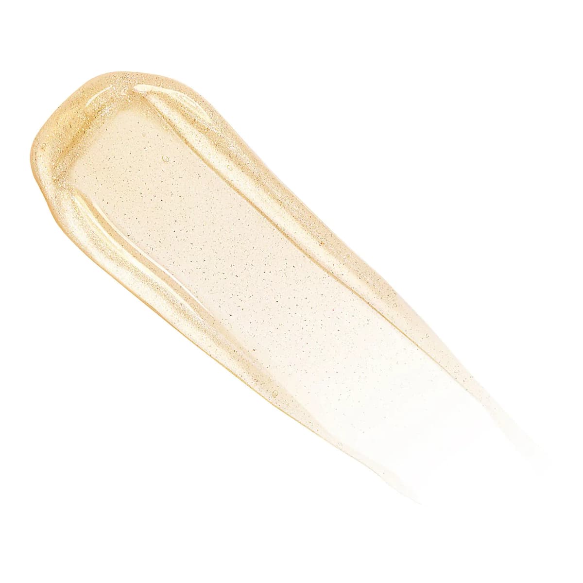 Swatch of translucent pale gold lip oil flecked with fine gold shimmer on a white background
