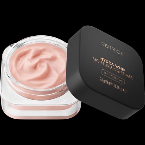 Catrice Hydra Whip Moisturizing Primer in open jar showing pink whipped cream texture