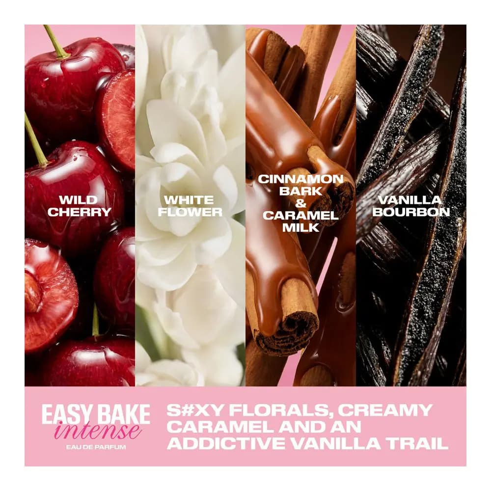 Easy Bake Intense eau de parfum notes panel showing wild cherry, white flower, cinnamon caramel and vanilla bourbon
