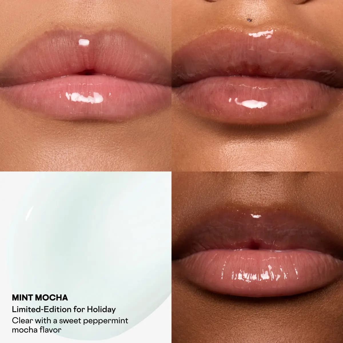 Close-ups of lips wearing the clear Mint Mocha lip balm from Patrick Ta, with a swatch of the mint-tinted balm