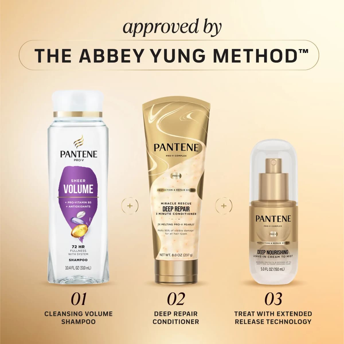 Pantene volume shampoo, Deep Repair conditioner and Cream to Mist shown as the three-step Abbey Yung Method routine