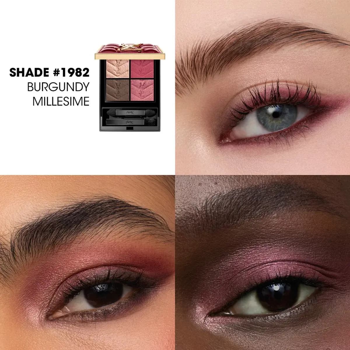 Shade #1982 Burgundy Millesime quad shown on three eyes with berry, pink shimmer and brown shadow looks