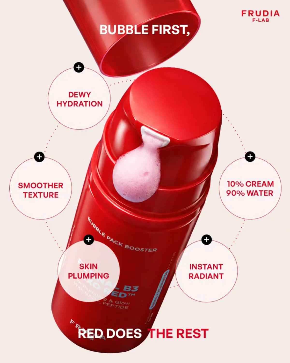Uncapped red booster bottle dispensing pink foam, ringed by circles: dewy hydration, smoother texture, 10% cream 90% water.