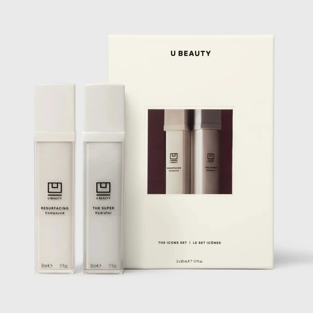 Two 50 mL bottles, Resurfacing Compound and The SUPER Hydrator, beside the cream Icons Set box with a burgundy window