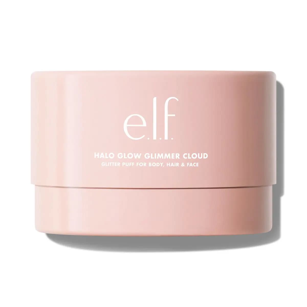 Closed pale pink jar labelled 'Halo Glow Glimmer Cloud, glitter puff for body, hair & face' on white