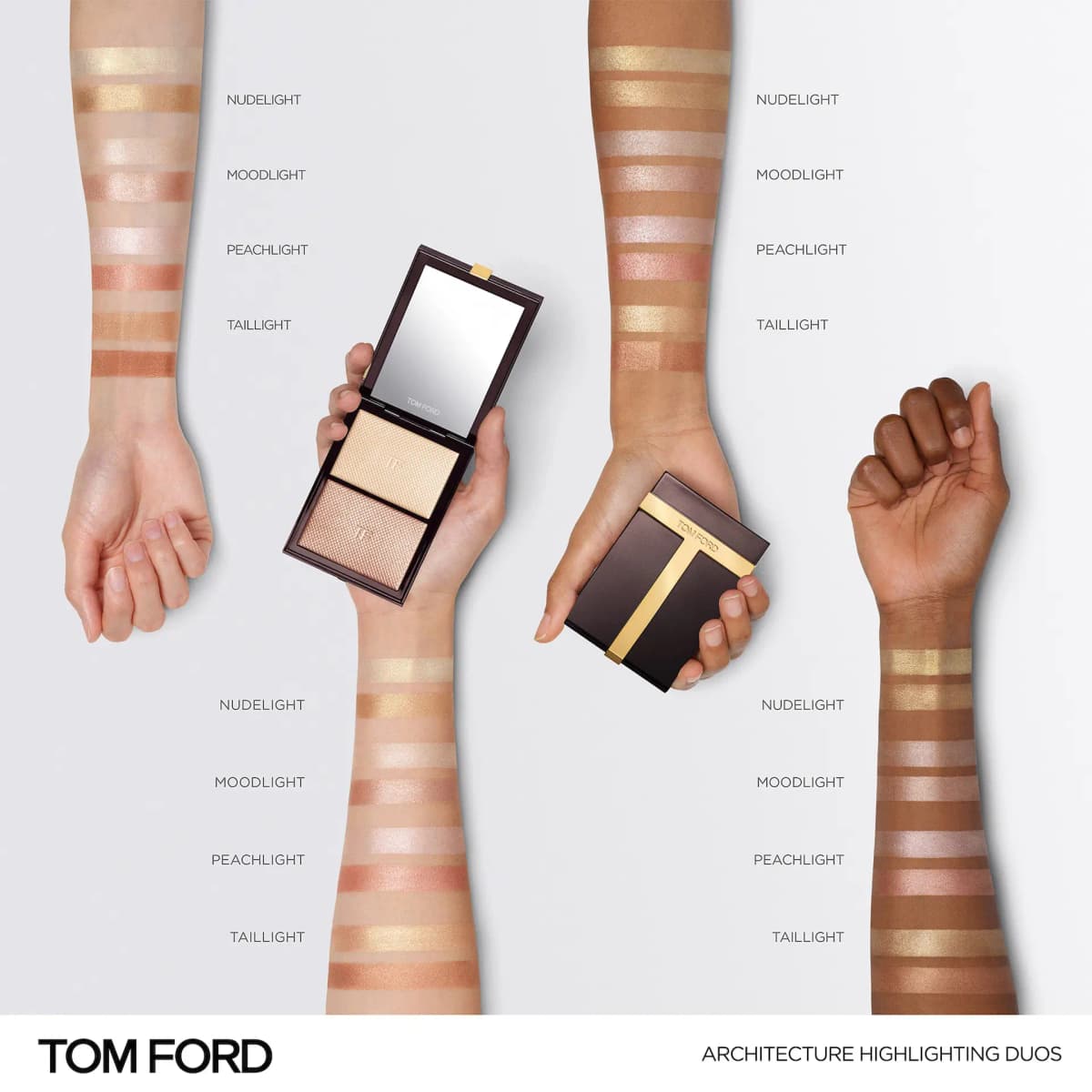 Arm swatches on four skin tones labelled Nudelight, Moodlight and Peachlight, with an open mirrored compact and a closed one.