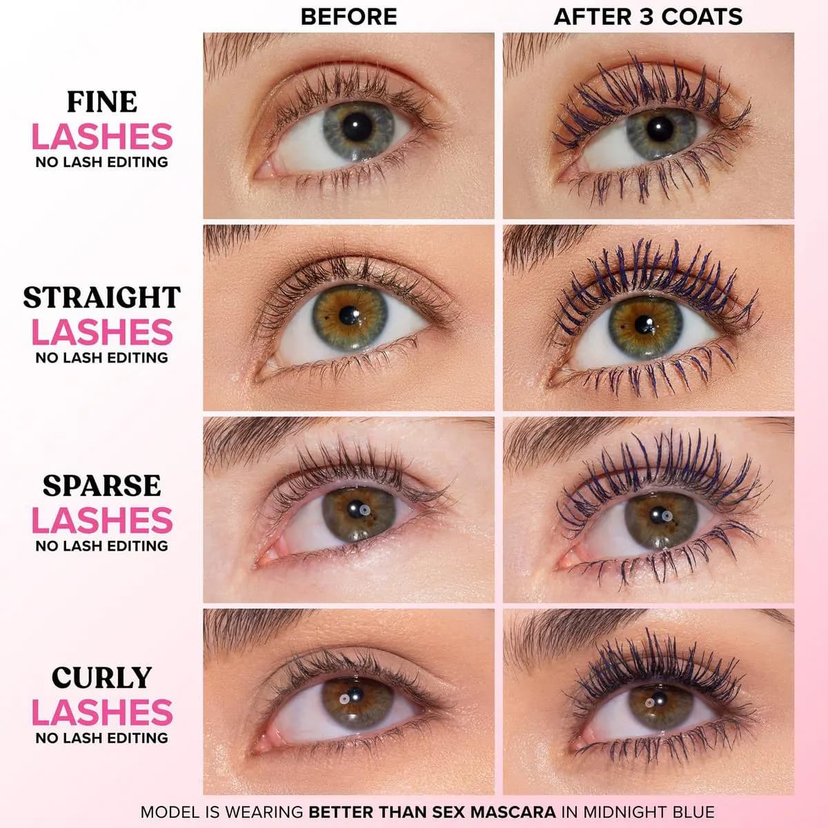 Midnight Blue mascara before and after on four lash types