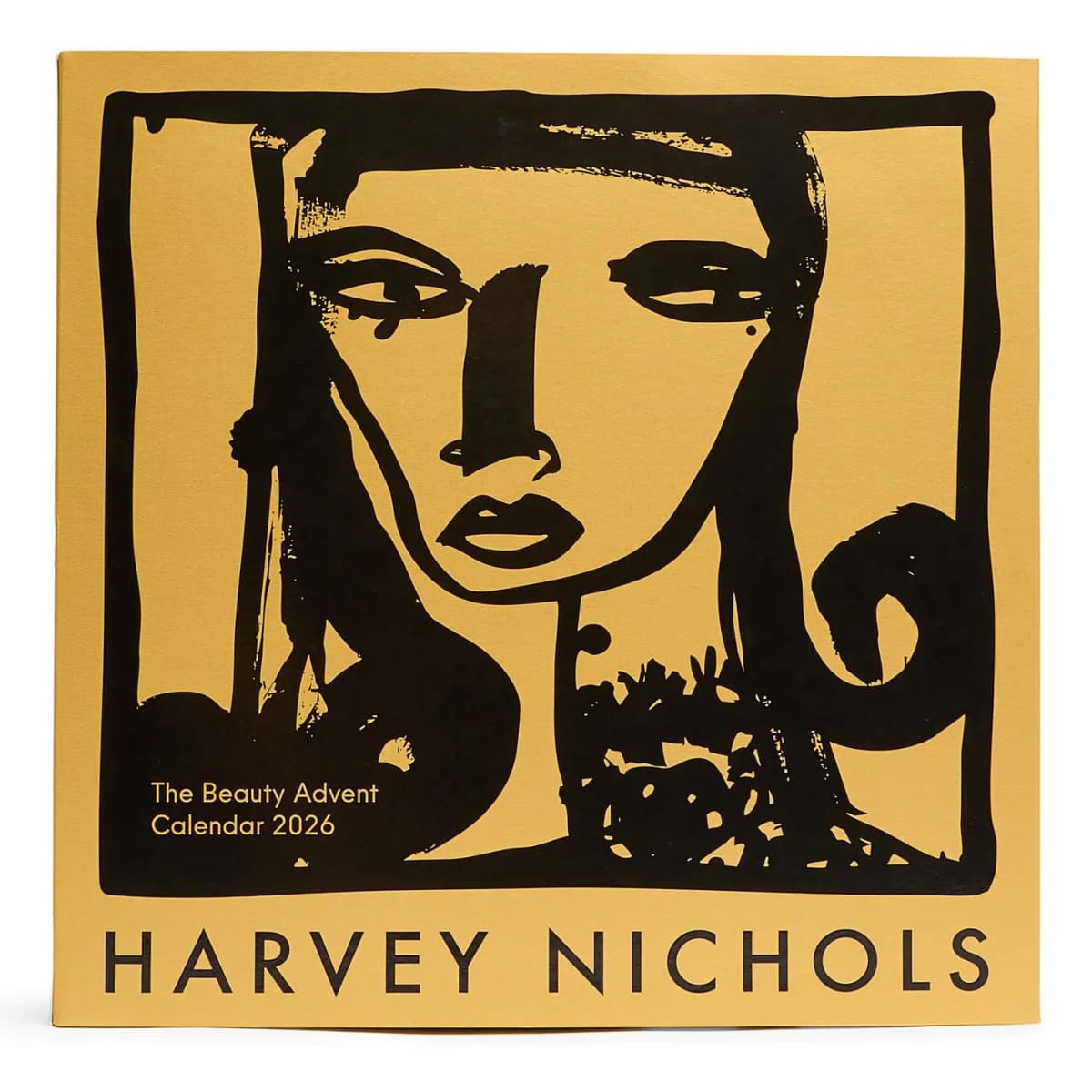Gold box cover with black brushstroke portrait and HARVEY NICHOLS, The Beauty Advent Calendar 2026 text