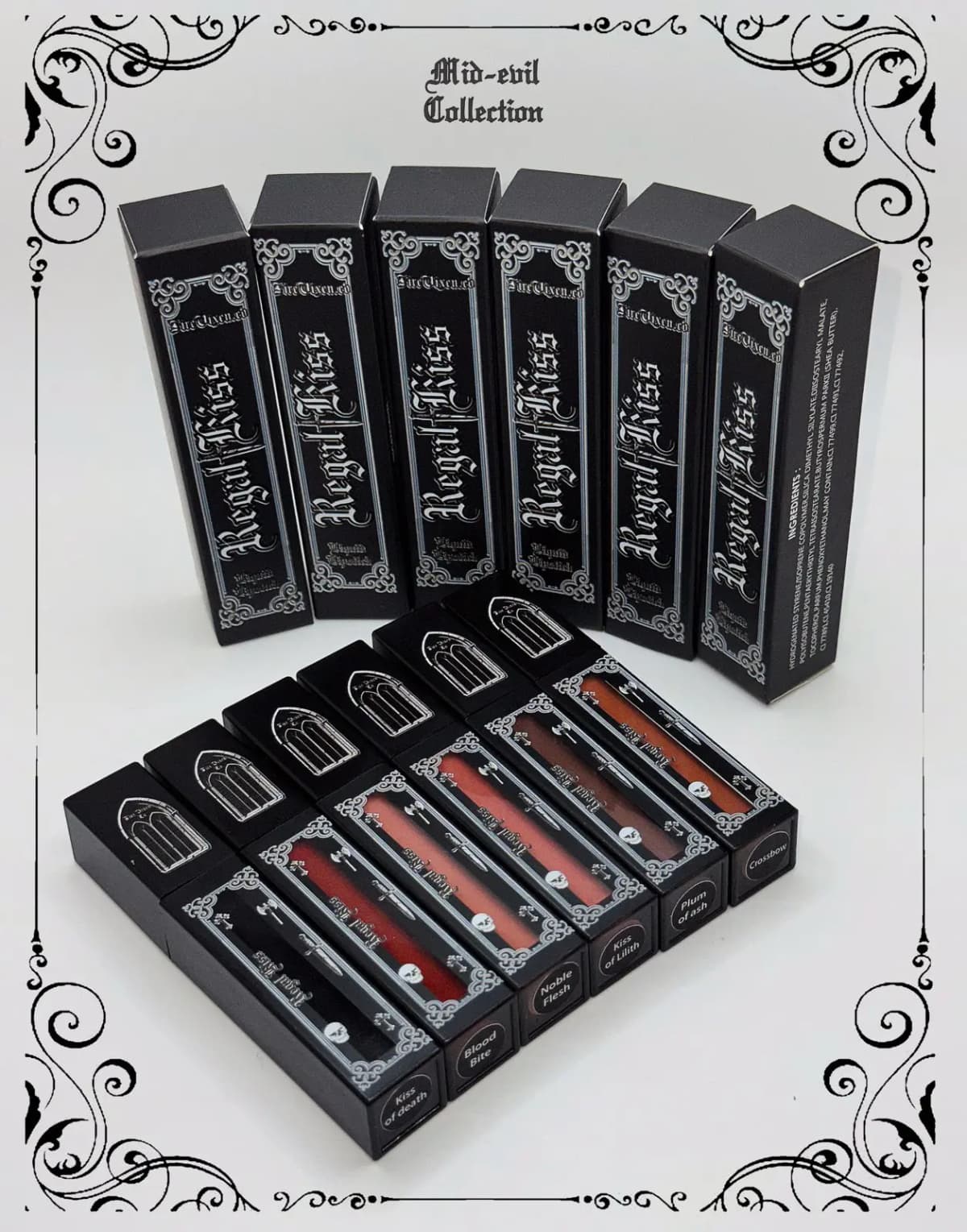 Mid-evil Collection: six Regal Kiss boxes and six labelled tubes in an ornate black scrollwork frame.