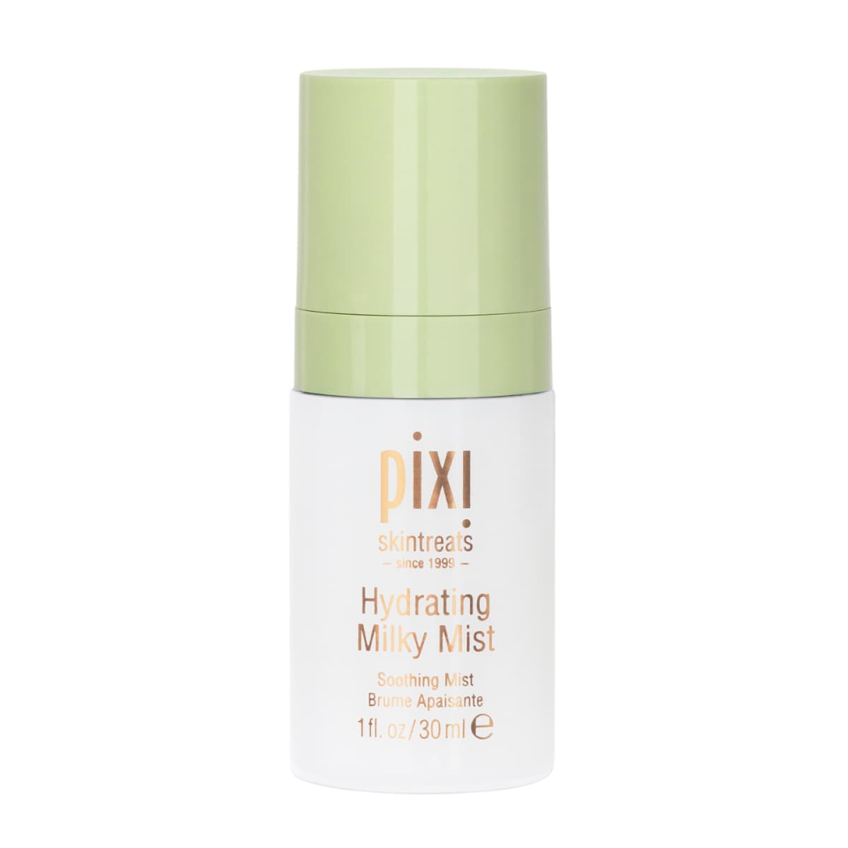 Pixi Hydrating Milky Mist Soothing Mist, a 30 ml white bottle with mint green cap and rose-gold lettering