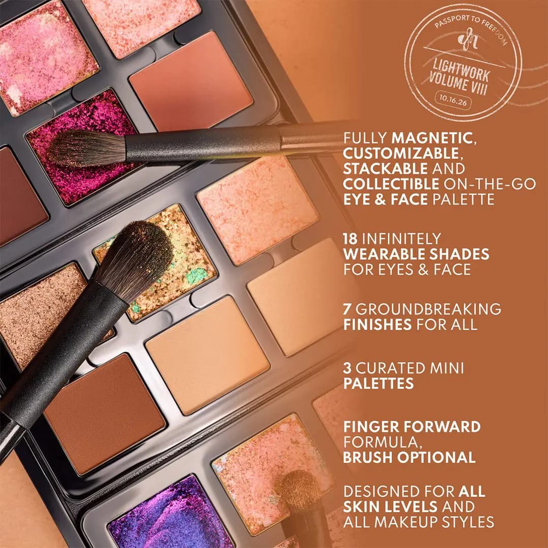 Brushes resting in open pans beside feature list: magnetic, 18 shades, 7 finishes, 3 mini palettes