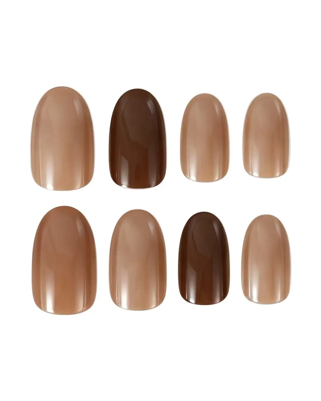 Eight glossy oval press-on nails in latte beige, caramel tan and deep chocolate brown shades.
