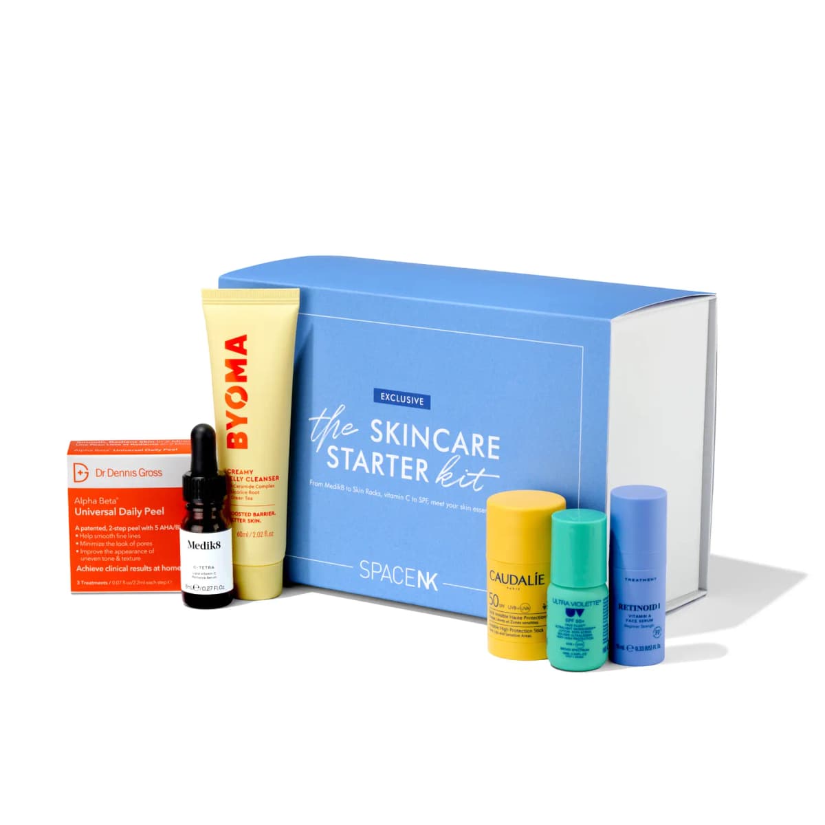 Space NK Skincare Starter Kit light blue box with Dr Dennis Gross peel, Medik8 C-Tetra, Byoma cleanser and SPF minis