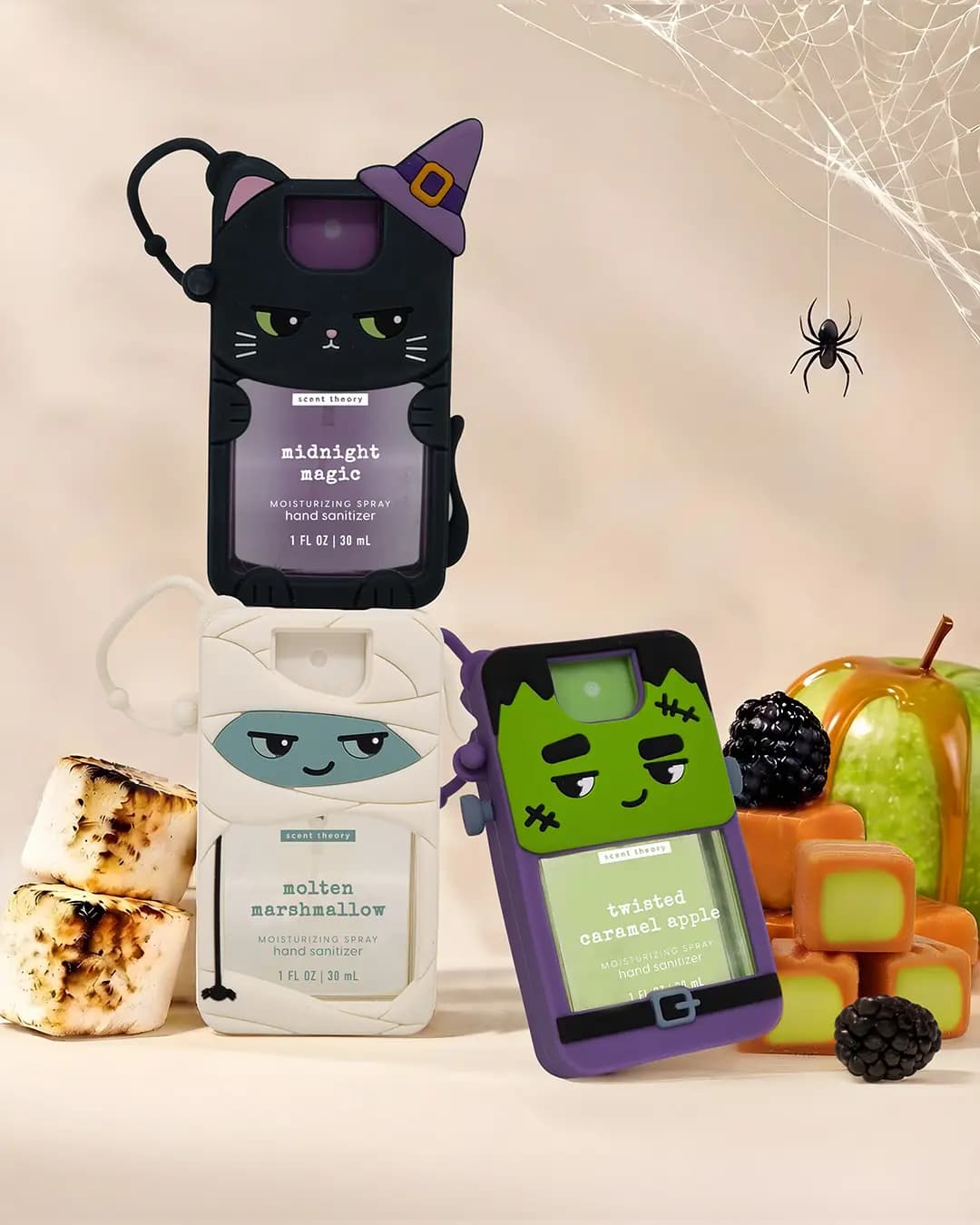 Scent Theory Midnight Magic cat, Molten Marshmallow mummy and Twisted Caramel Apple monster sanitizers