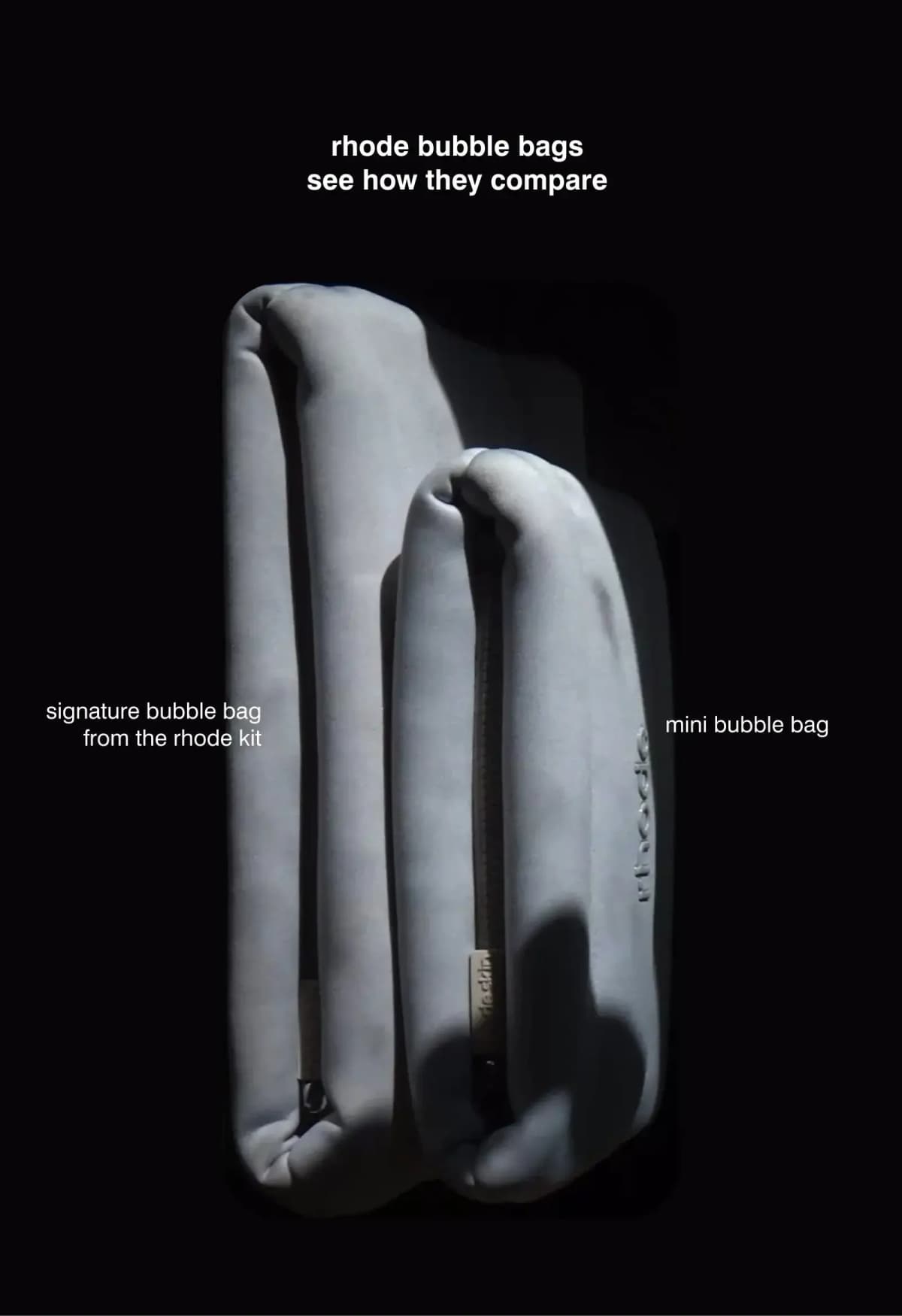 Signature bubble bag from the rhode kit beside smaller mini bubble bag, shown upright against a black background