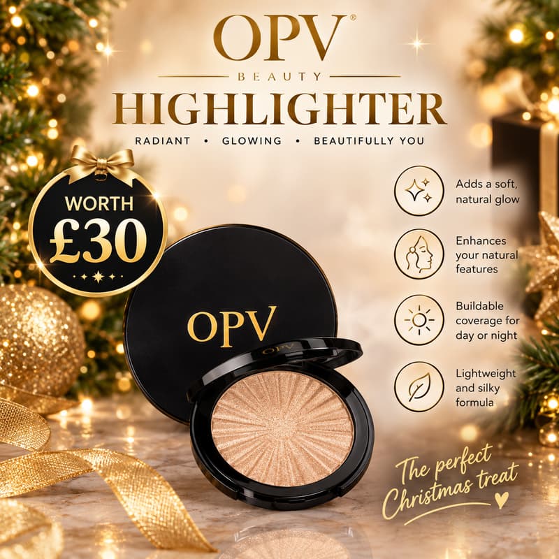 OPV Beauty Highlighter compact open to reveal shimmering gold powder, marked worth £30 with feature icons.