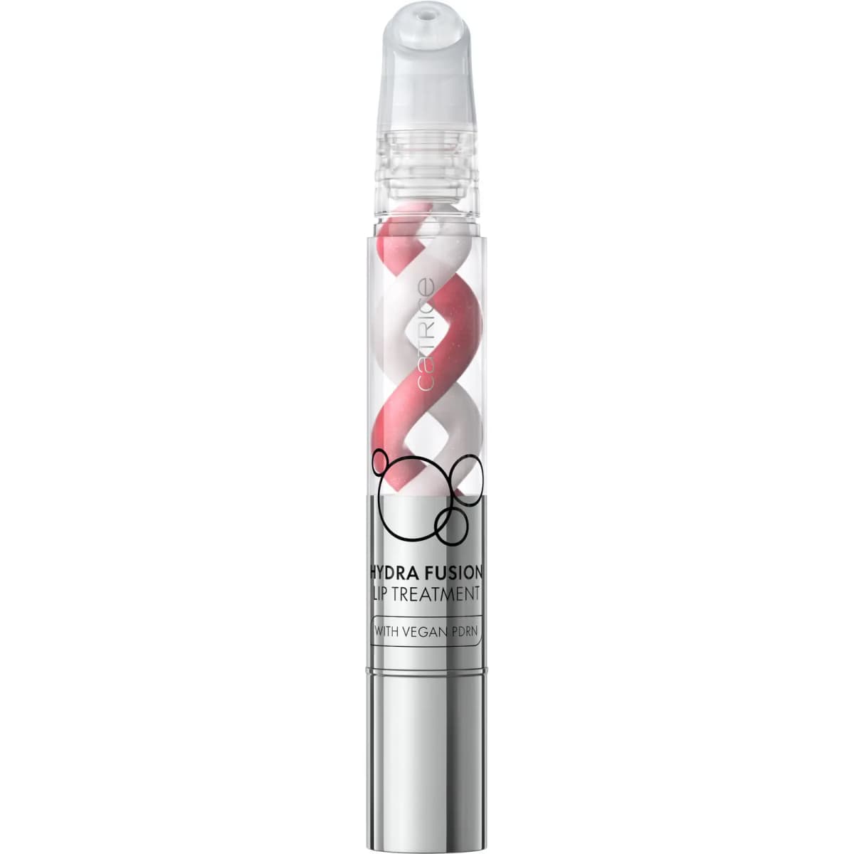 Catrice Hydra Fusion Lip Treatment with clear cap and rosy-pink and white twisted formula in a silver tube