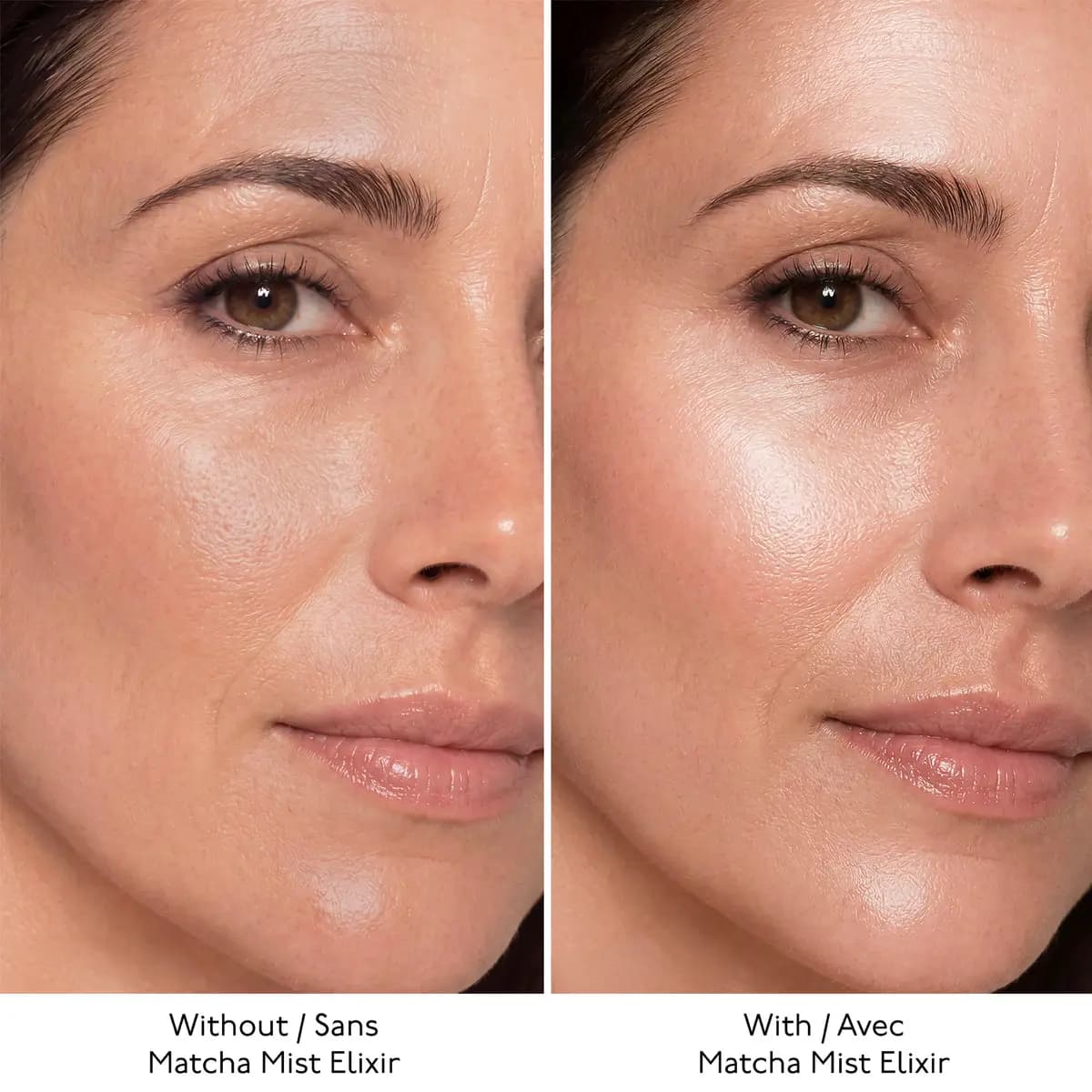 Close-up face comparison without and with Matcha Mist Elixir, the right side showing a dewier glow