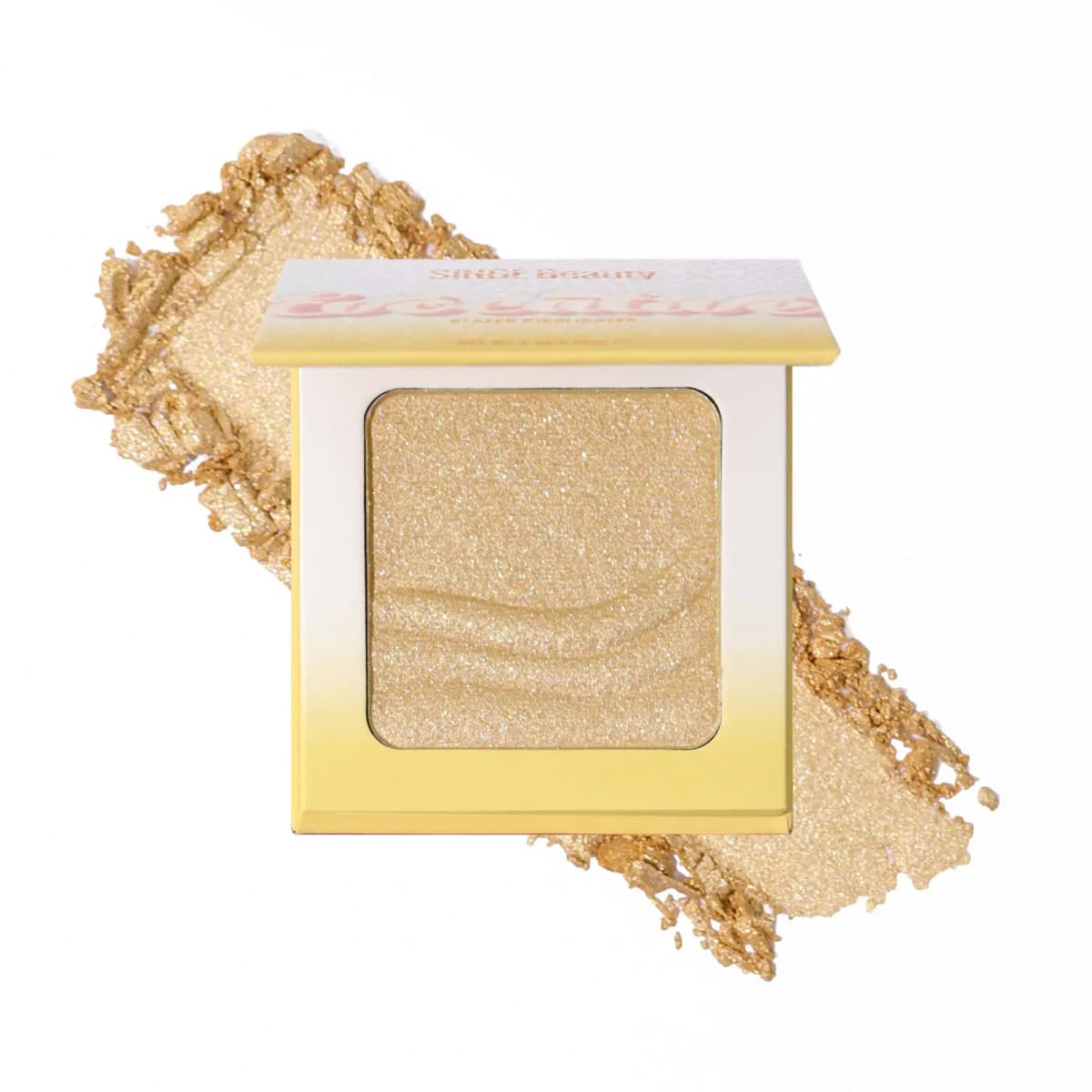 Golden champagne glazed highlighter compact with wave embossing over gold shimmer swatch