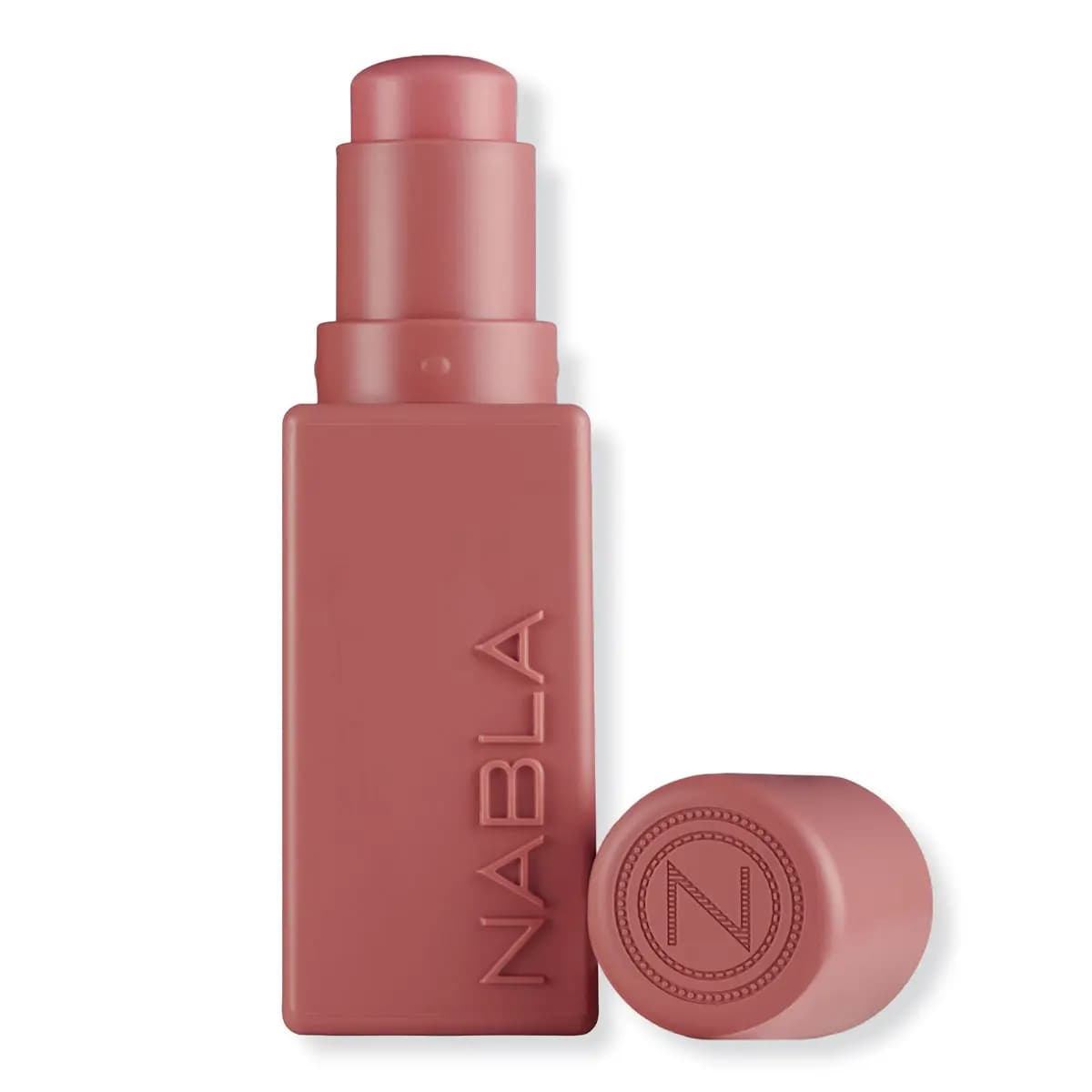 Dusty rose stick in a matte square NABLA case with its round cap embossed with an N logo