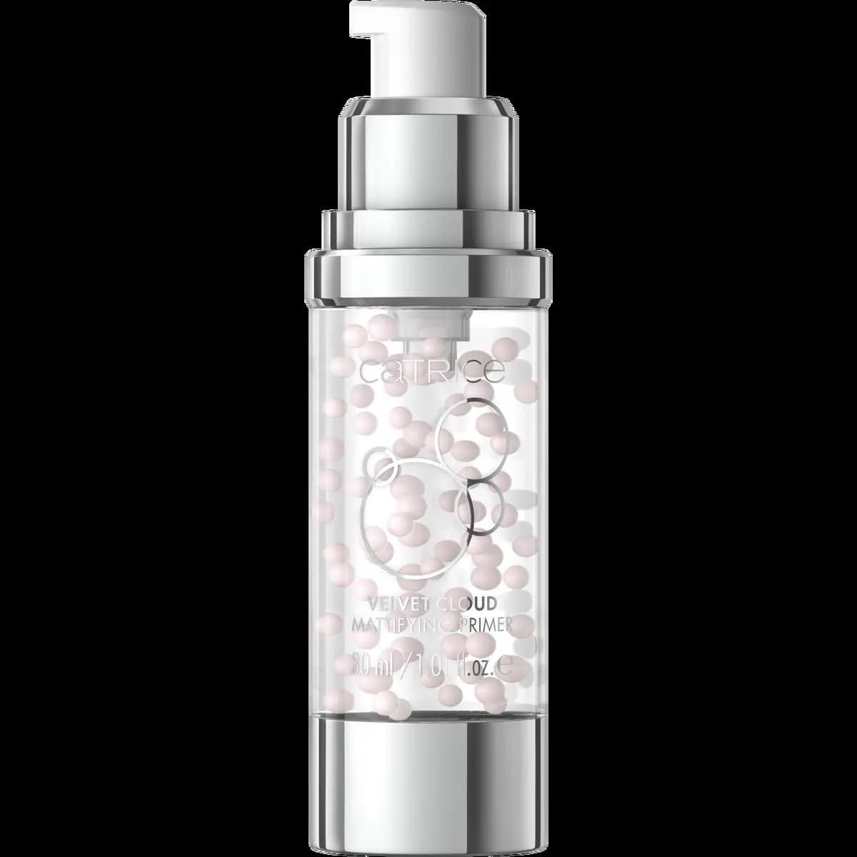 Velvet Cloud Mattifying Primer pump bottle filled with clear gel and pale pink pearls