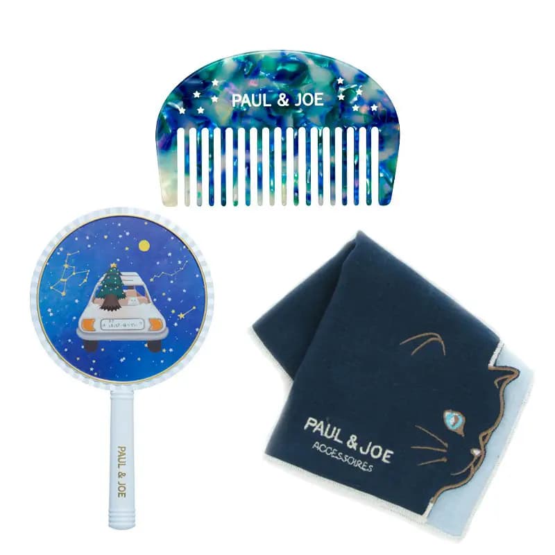 Blue marbled Paul & Joe comb, starry hand mirror with a car and Christmas tree, and a navy cat-face handkerchief