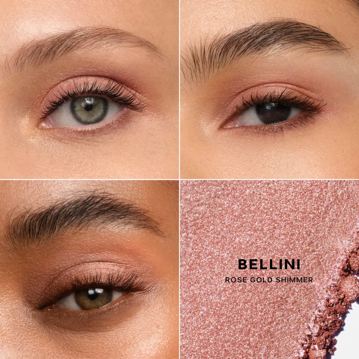 Bellini rose gold shimmer shown on three eyes with different skin tones beside a sparkly crushed pink swatch