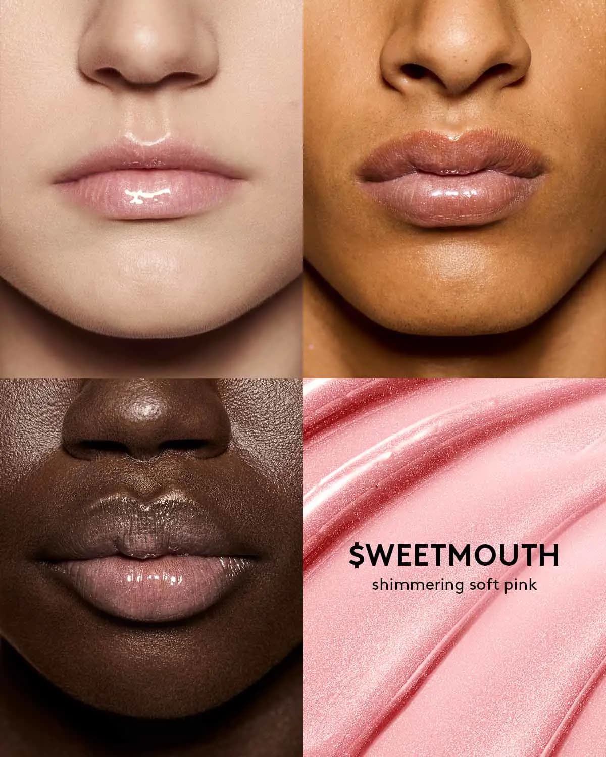 Four-panel close-up of lips wearing shimmering soft pink gloss labelled $weetmouth