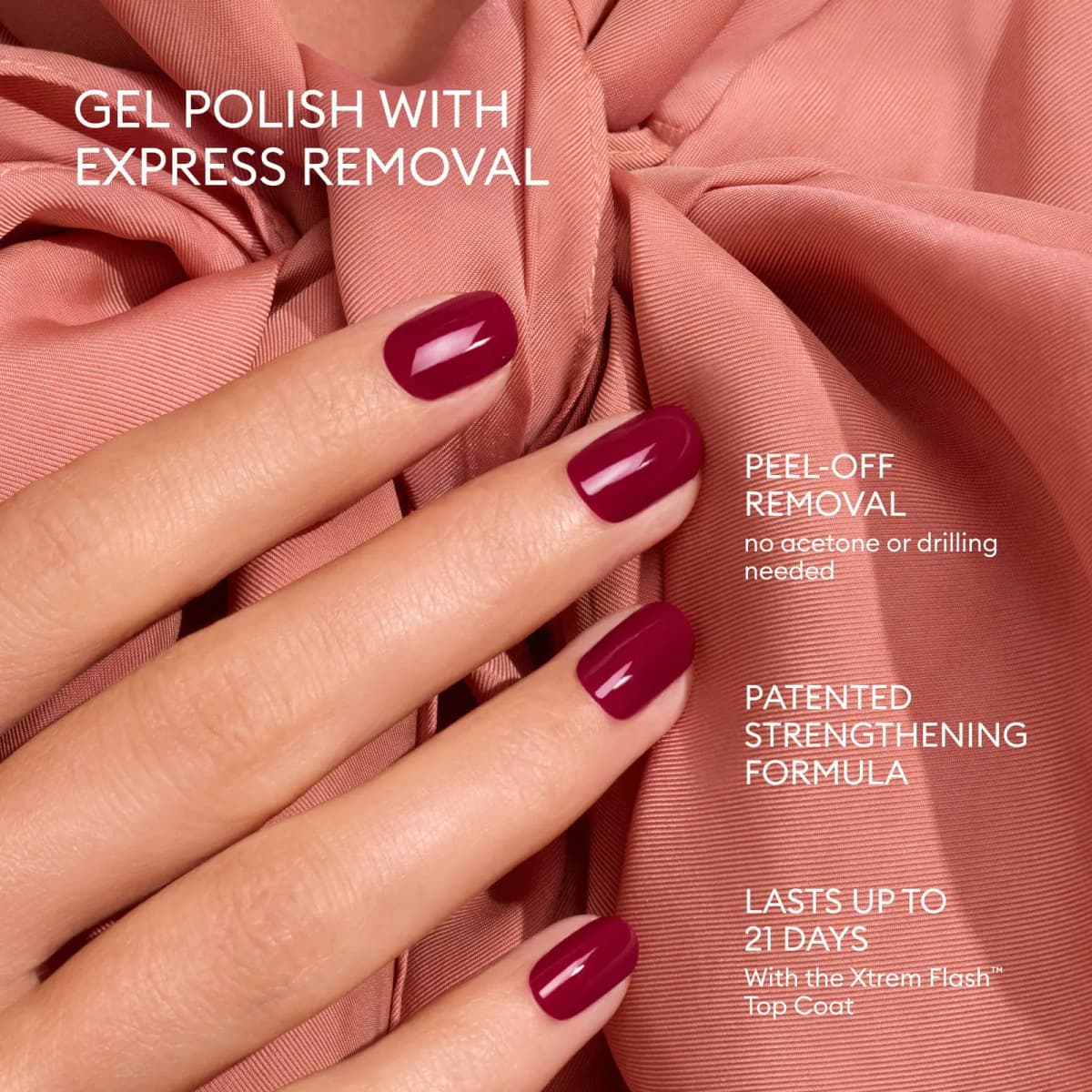 Hands with deep berry red manicure against pink fabric, highlighting peel-off removal and 21-day wear claims