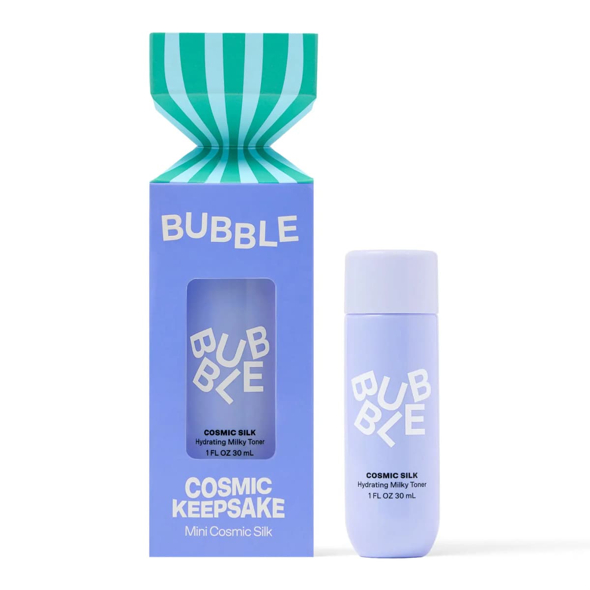 Cosmic Keepsake periwinkle cracker-style box with teal-striped twist top beside a mini Cosmic Silk Hydrating Milky Toner