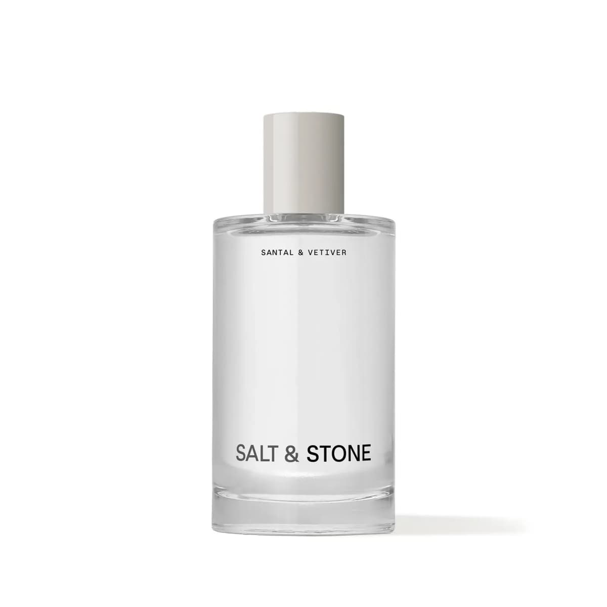 Clear glass Santal & Vetiver body mist bottle with a pale grey cylindrical cap