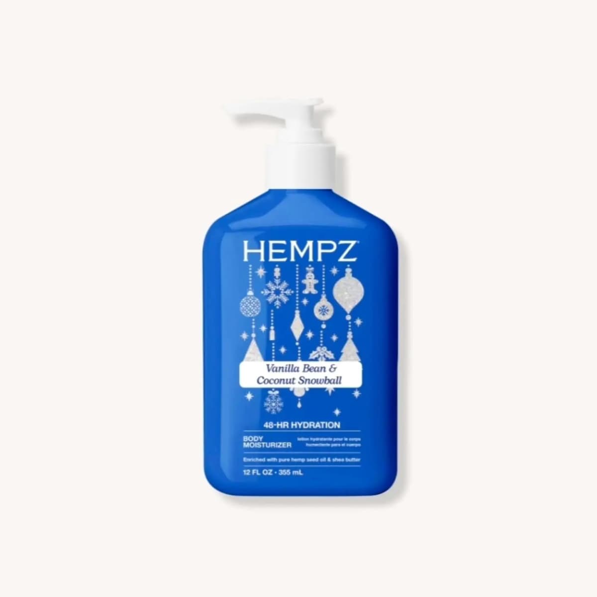 Blue Hempz Vanilla Bean & Coconut Snowball 12 oz body moisturizer pump bottle with silver ornament design