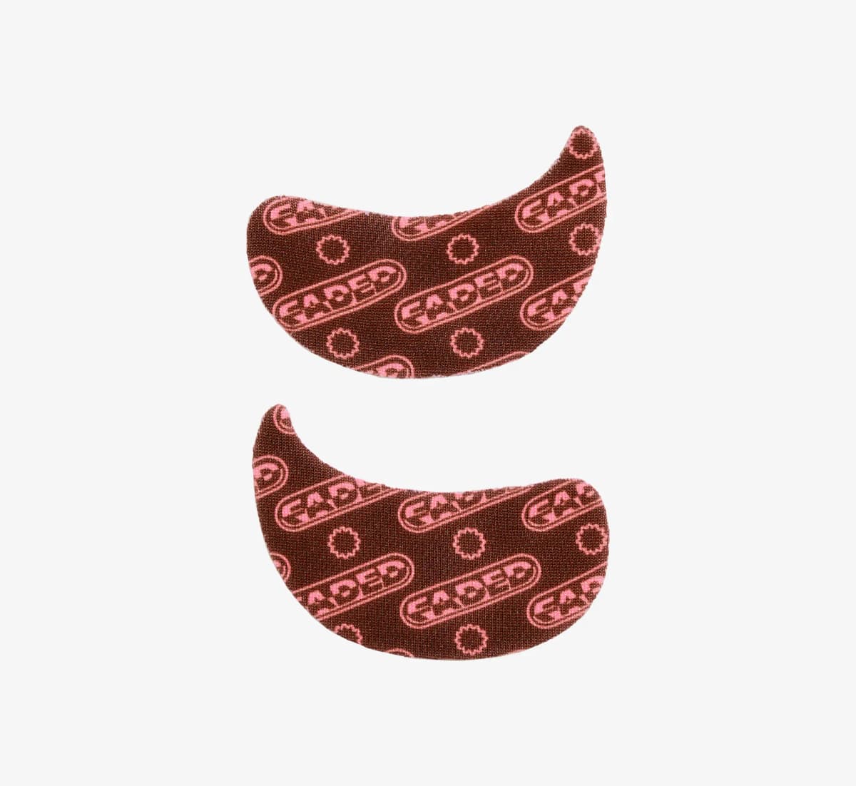 Pair of crescent-shaped brown under-eye masks printed with a pink Faded logo pattern
