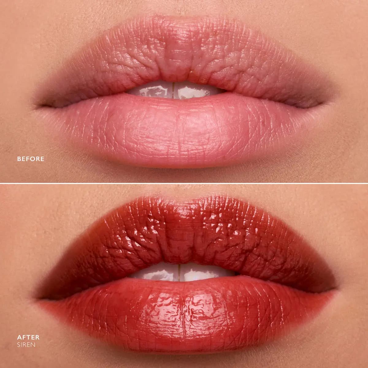 Before and after of lips transformed by a glossy, saturated brick red from Siren