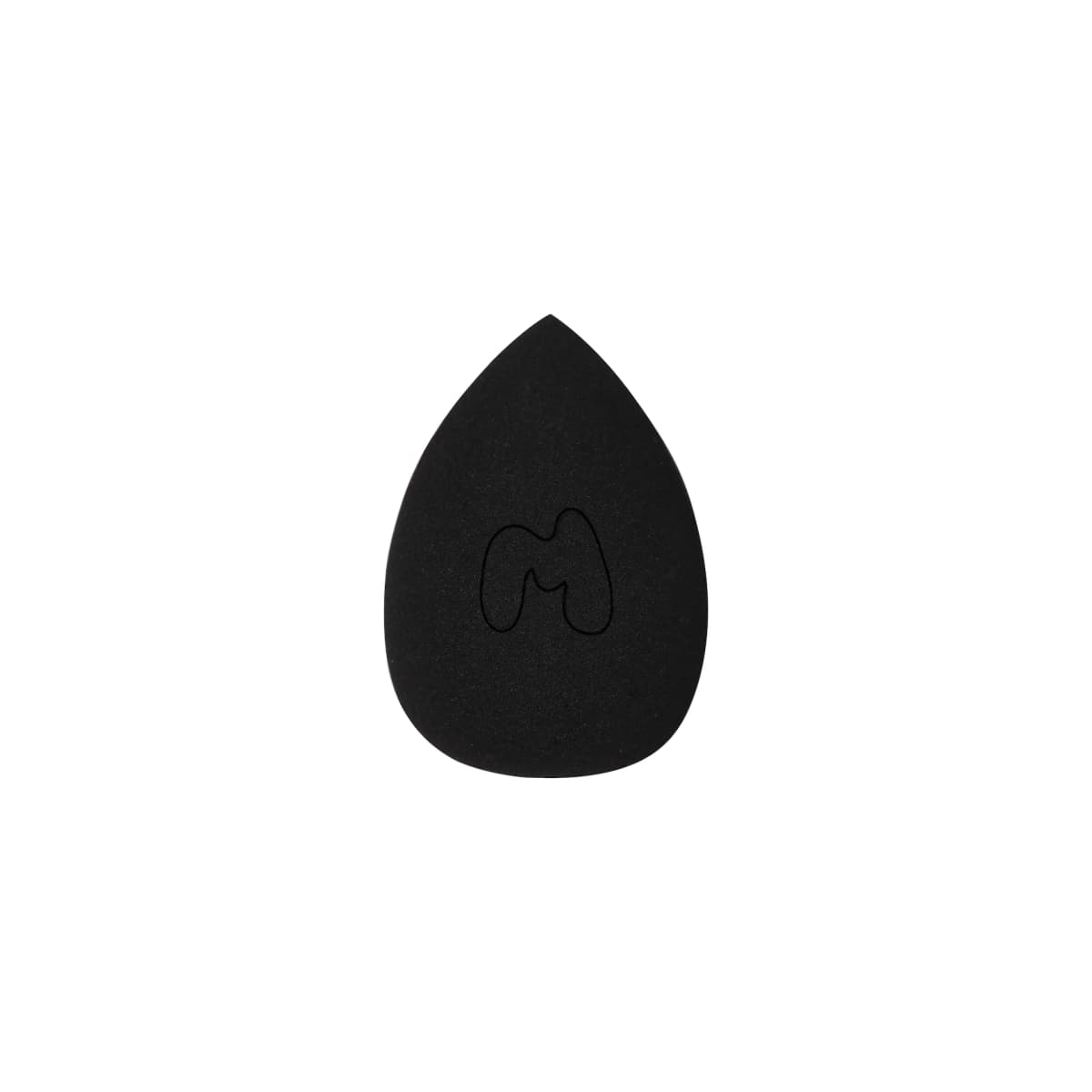 Black teardrop-shaped makeup sponge with an outlined M logo debossed in the centre