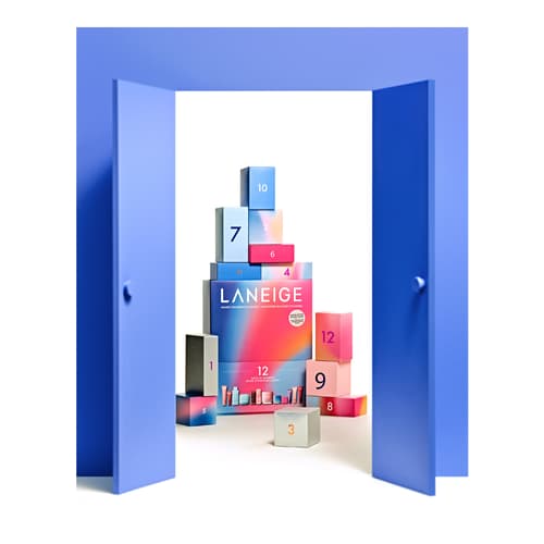 Stacked numbered advent calendar boxes displayed inside an open blue door setup