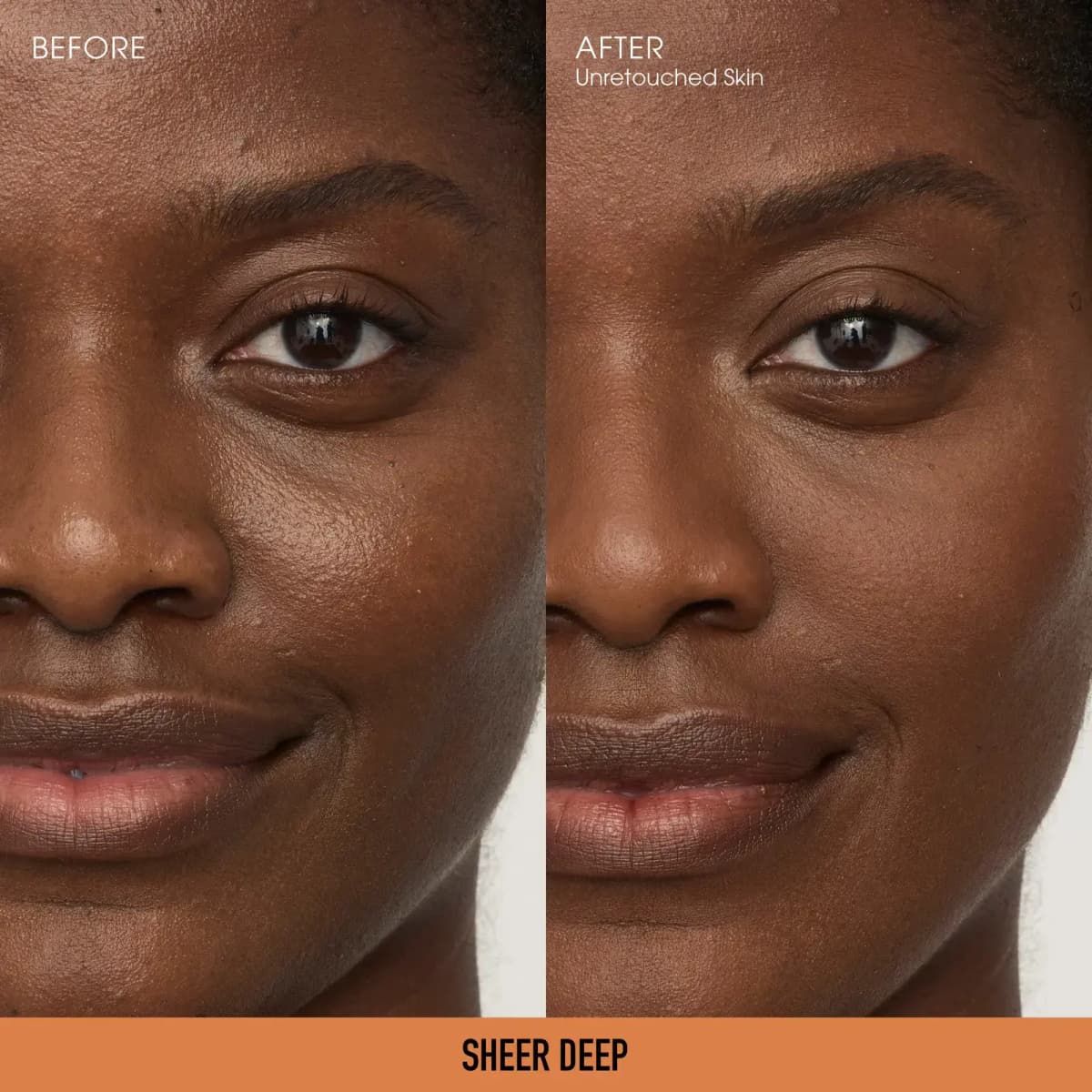Before and after close-up of deep skin with less shine on the nose and cheek after, labelled Sheer Deep