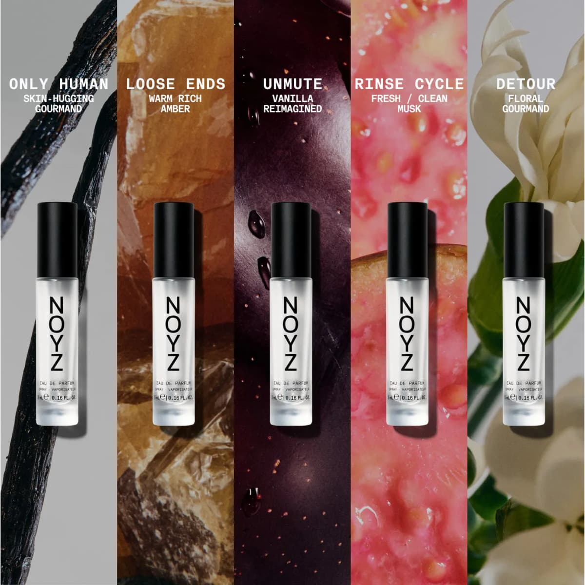 Five 5 mL sprays labelled Only Human, Loose Ends, Unmute, Rinse Cycle and Detour over vanilla, amber, plum, guava, flowers