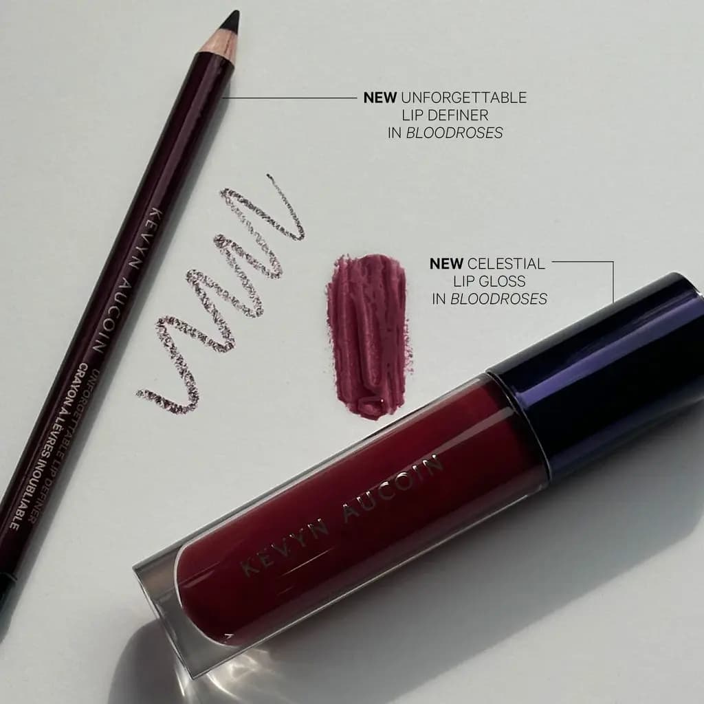 Lip definer pencil and gloss tube in Bloodroses on white paper with a sketchy pencil zigzag and gloss swatch
