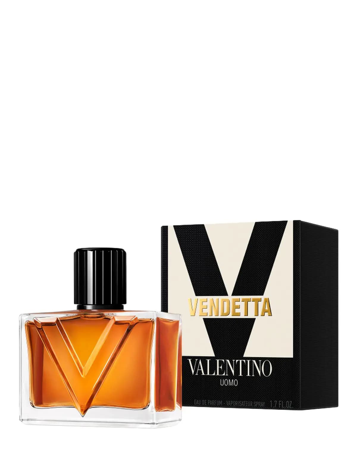 Amber Vendetta Uomo bottle next to its black and cream box with gold Vendetta and Valentino Uomo text