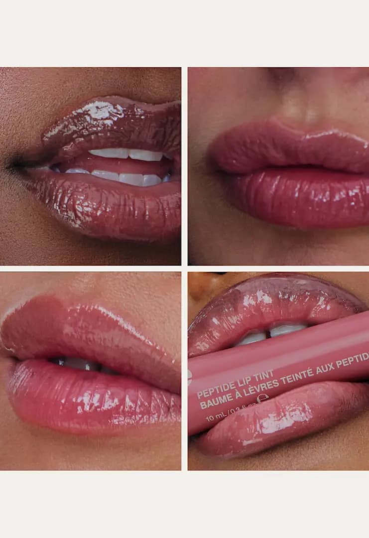 Four close-ups of glossy mauve-pink lips across skin tones, one model biting a matching tube