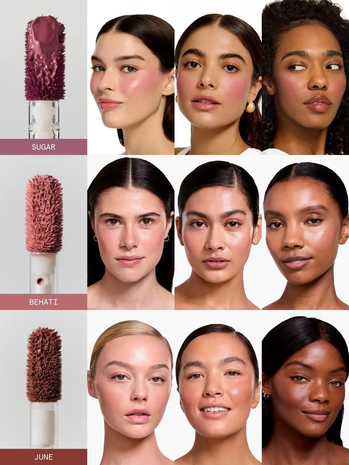 Sugar, Behati and June blush applicator tips shown beside nine models wearing each shade on their cheeks