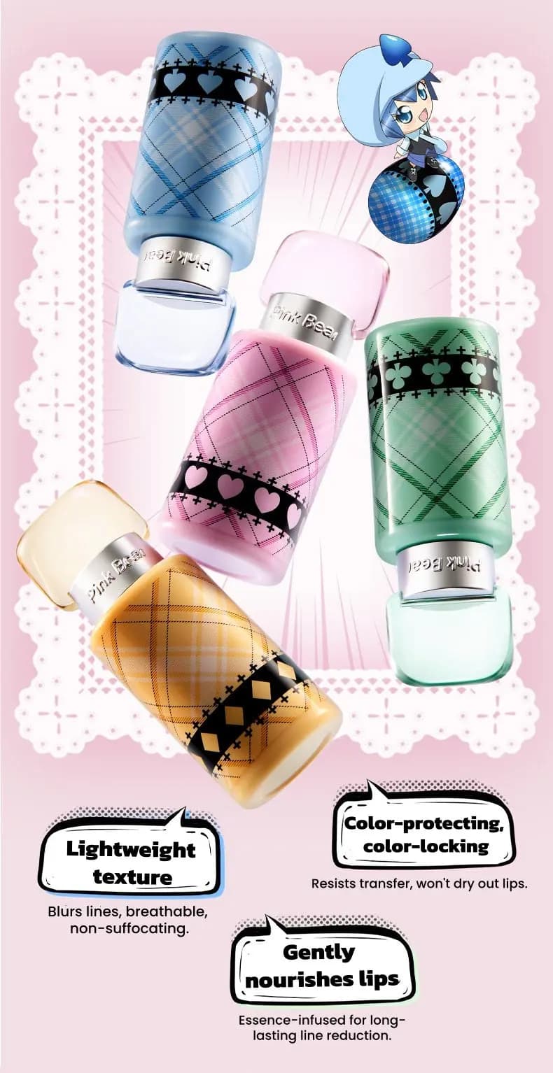 Four Pink Bear plaid lip mud tubes in blue, pink, green and yellow with a chibi character illustration and feature callouts.