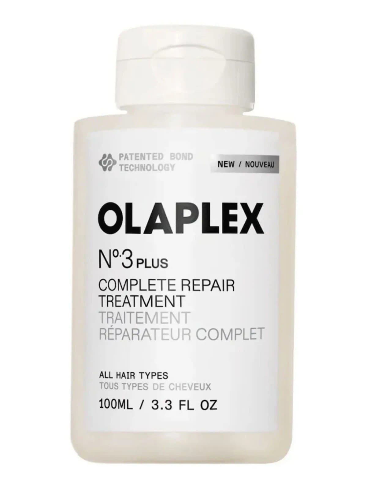 Olaplex No.3 Plus Complete Repair Treatment 100ml in a white bottle with white flip cap on white background