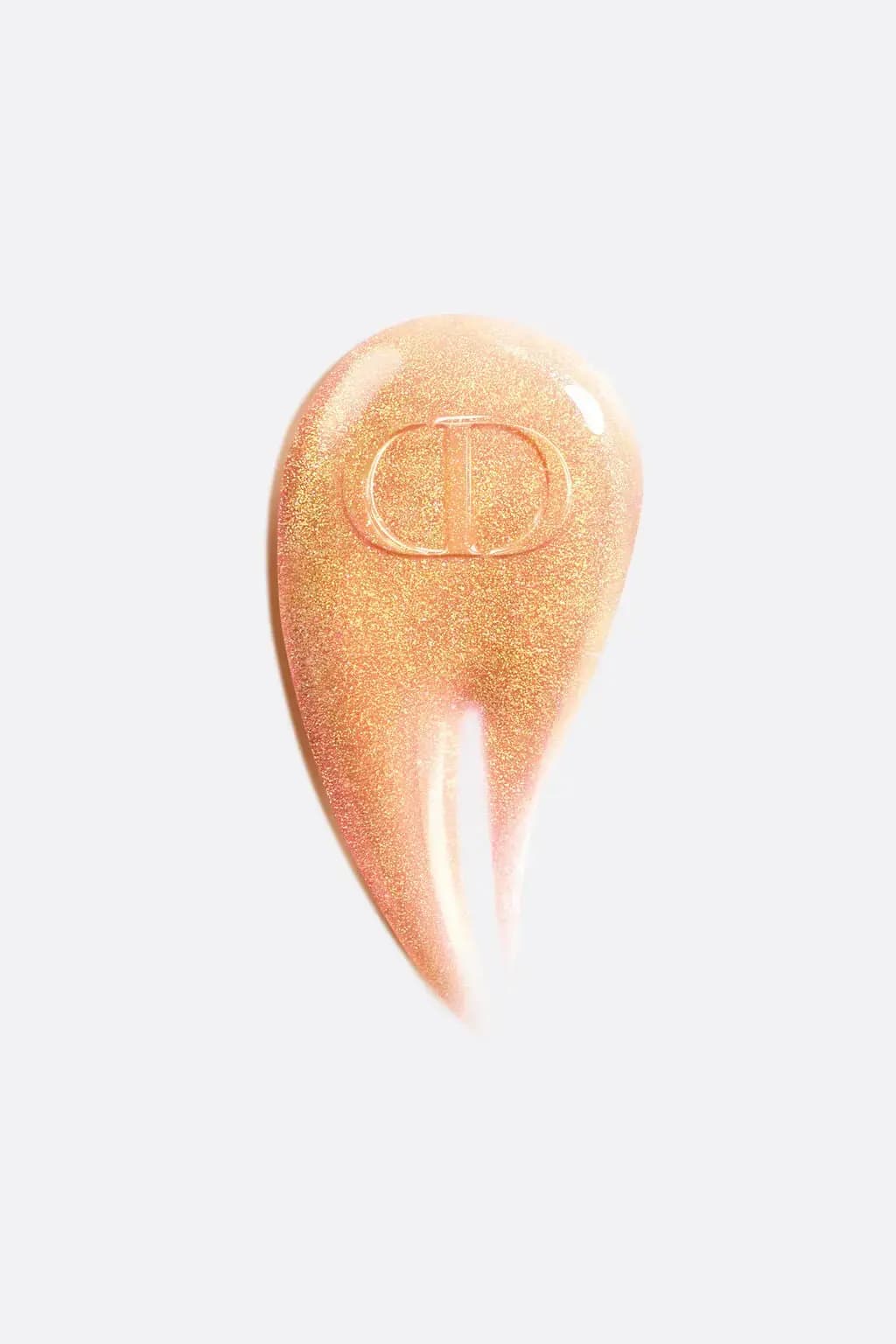 Glossy peach-gold swatch dense with fine golden shimmer, stamped with a CD logo