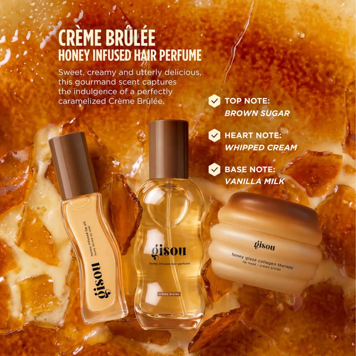 Lip oil, hair perfume and lip mask on cracked caramel with top, heart and base scent notes listed
